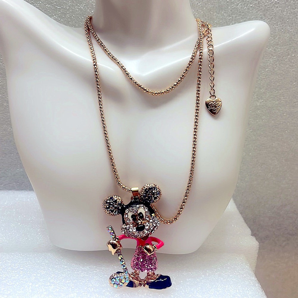 Betsey Johnson Pink HeadTurnable MickeyMouse Pendant Necklace